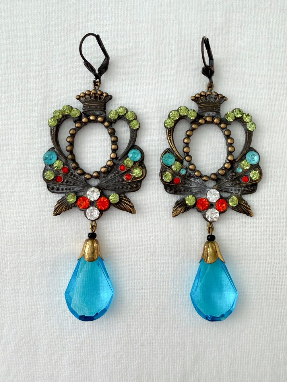 Vintage Czech Turquoise Blue Glass & Brass Dangle Earrings